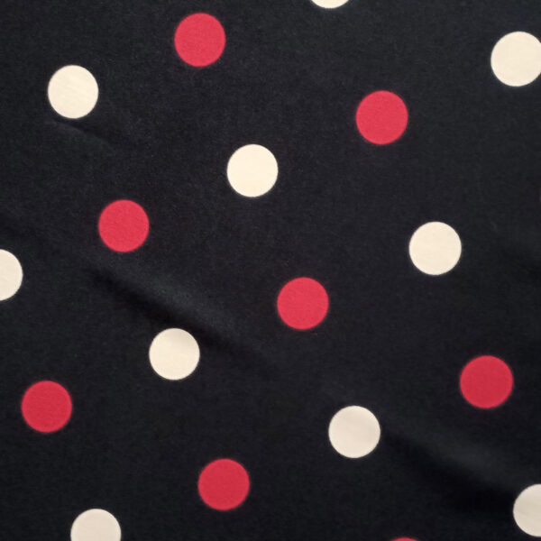 STRECH ESTAMPADO LUNARES DE 35MM NEGRO CON ROJO Y BEIGE