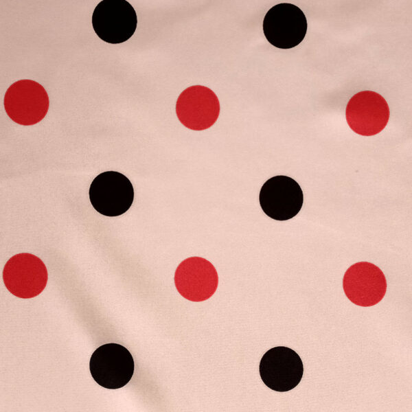 STRECH ESTAMPADO LUNARES DE 35MM BEIGE CON ROJO Y NEGRO