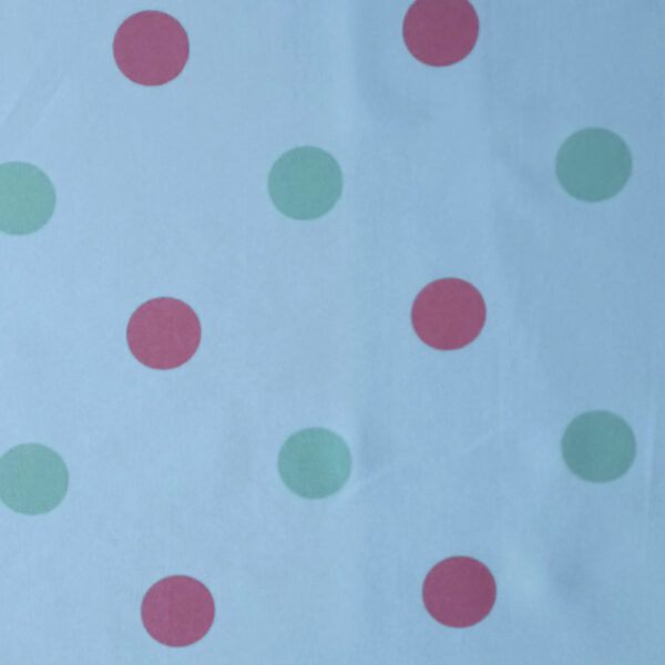 STRECH ESTAMPADO LUNARES DE 35MM AZUL CON CORAL Y VERDE - Imagen 3