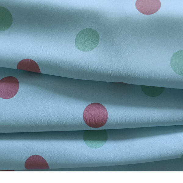 STRECH ESTAMPADO LUNARES DE 35MM AZUL CON CORAL Y VERDE - Imagen 4