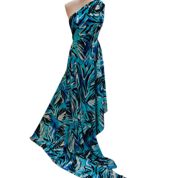 SATEN ESTAMPADO HOJAS AZUL CON ELASTAN - Imagen 2